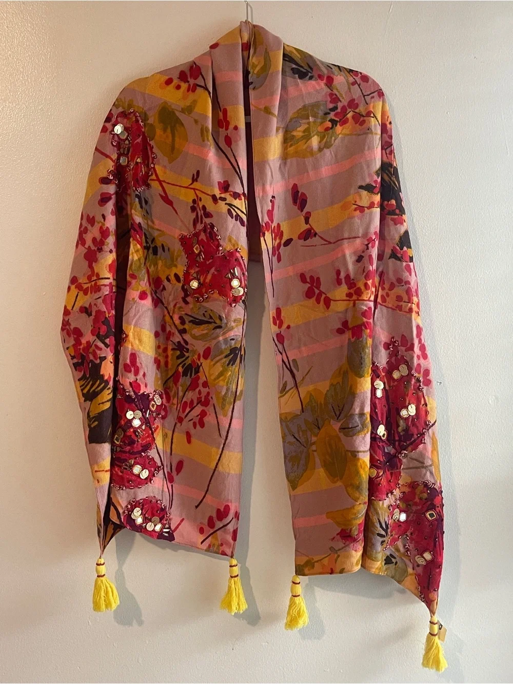 Anthropologie Sunshine Plaid Scarf Multicolor Floral Boho Embellish Tasseled